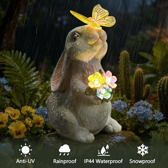 Solar Garden Statue Outdoor Decor, Rabbit Figurine with Butterfly LED Lights, Bunny Statue for Garden, Yard Decor, Lawn Ornament, Housewarming Birthday Gift for Women Mom Grandma