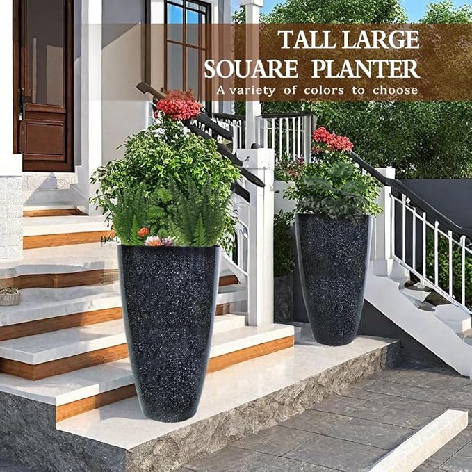 Megawodar 2 Pcs Pack 21 Inches Plastic Resin Tall Tapered Planter Pots Large Round Planter Flower Pot with Drainage Holes for Indoor Outdoor Deck Porch Garden Home Patio Front Door (Black, L)