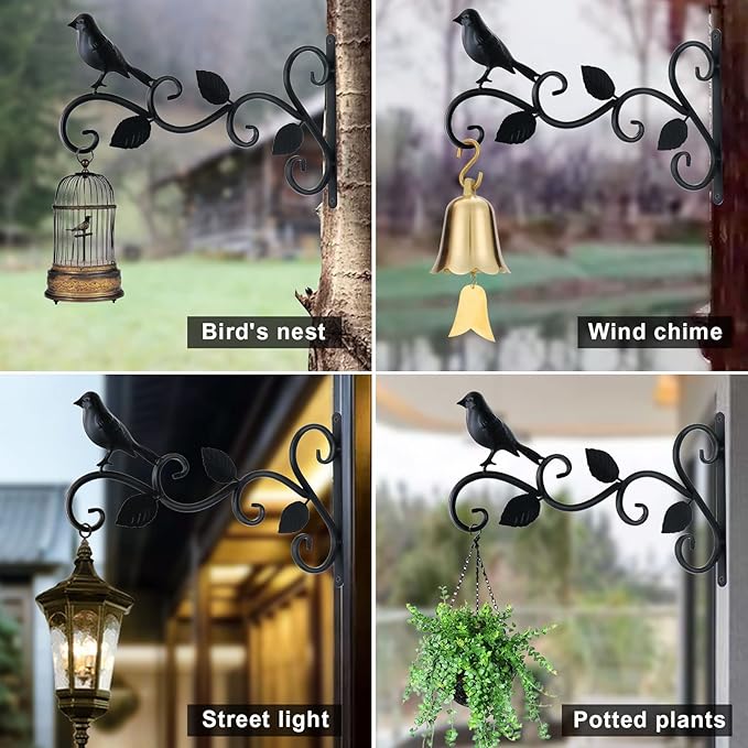 JIALAI HOME Hanging Plants Bracket 12" Bird Planter Outdoor Hooks Hangers for Flower Baskets Pot Bird Feeder Wind Chimes Lanterns Patio Garden Outdoor Indoor Metal Black, 4 Packs