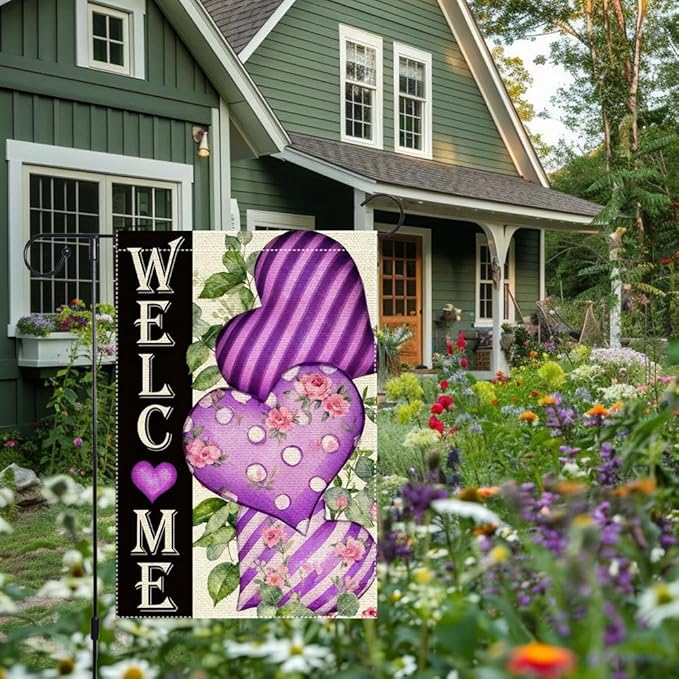 Welcome Valentines Day Garden Flag 12x18 Inch Double Sided Small Burlap Purple Hearts and Floral Seasonal Decor for Outdoor Yard Patio Porch