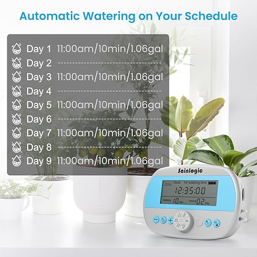Sainlogic Smart Automatic Plant Waterer for 15 Potted Plants, Self Watering System with Deep Root Irrigation, Humidity Monitor Display, IP64 Programmable Timer for Travel, Vacation, Indoor Garden