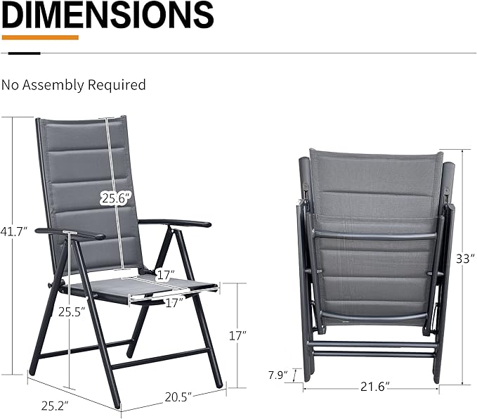 PURPLE LEAF Patio Folding Chairs 4 Pack Outdoor Aluminum Metal Dining Chairs with Padded Seats and Adjustable Backrest Heavy Duty Camping Chairs for Outside, Grey