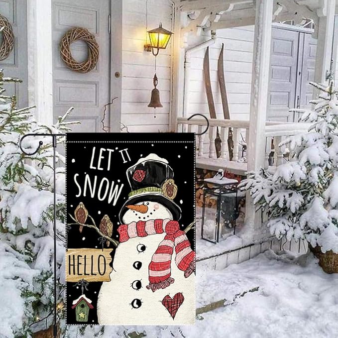 Winter Garden Flag 12x18 Inch Double Sided Burlap Outdoor Seasonal Decoration Cute Snowman with Black Top Hat Red Scarf Let It Snow Welcome Flag for Yard Patio Porch