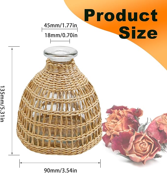 Flower Vases with Rattan Cover, Straw Woven Glass Vase, Rattan Woven Vase Decorative, Glass Flower Vase, Boho Glass Flower Vase, Vase for Home Flower Arrangement Table Decoration, 5.3''X3.5'',D Style