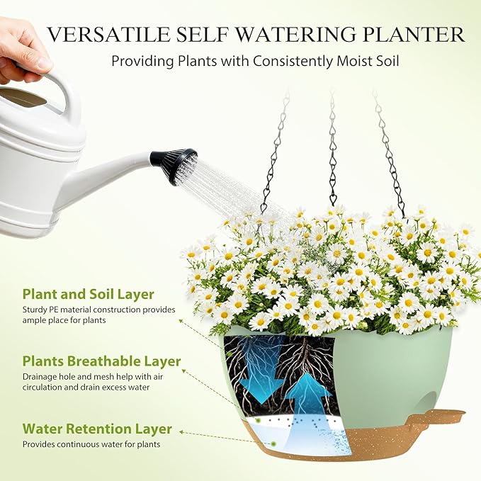 SQKH 10 Inch Hanging Baskets 2 PC with Chains, Self-Watering Hanging Planters for Indoor Outdoor Plants, Plastic Hanging Flower Pots,Green Brown