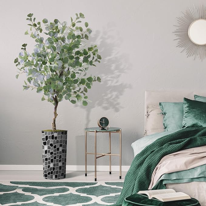 Artificial Tree in Modern Geometric Pattern Planter, Fake Eucalyptus Silk Tree for Indoor and Outdoor Home Decoration - 66" Overall Tall (Plant Pot Plus Tree)
