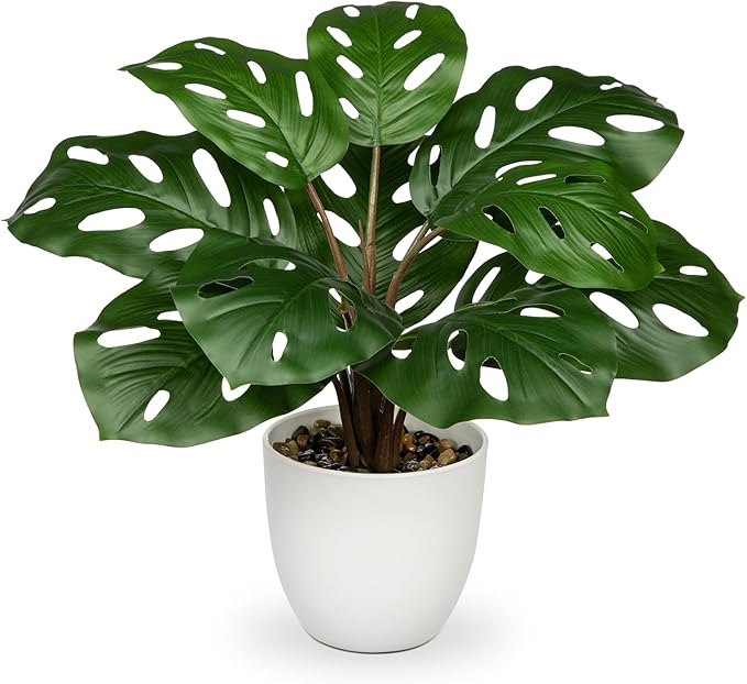 Hollyone Artificial Monstera Plant Faux Monstera Plant Potted Fake Tropical Plants Potted for Indoor Outdoor Home Desk Office Garden Farmhouse Decoration