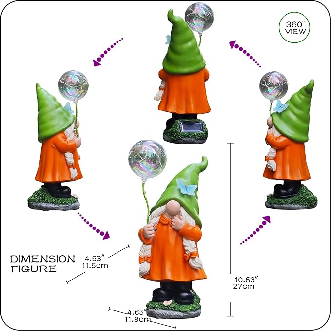 Solar Garden Female Gnome Statue, Detachable Outdoor Garden Decorative Stakes, Resin Statue with Light-Up Butterfly & Bubble Wand, Upgraded 8-10H Lighting, for Yard, Lawn, Flower Bed & Pathway, 10.63"