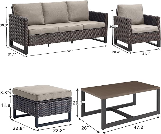 Rilyson Wicker Outdoor Patio Furniture Set - 6 Piece Patio Conversation Set with 2 Armrest Chairs,2 Rattan Ottoman,1 Couch and 1 Metal Side Table for Outside Porch Deck Backyard(Brown/Grey)