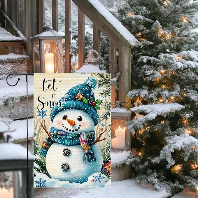 Snowman Garden Flag 12x18 Inch Double Sided Burlap Winter Let It Snow Outdoor Yard Flag Holiday Christmas Seasonal Welcome Banner for House Lawn Porch Small Decorations