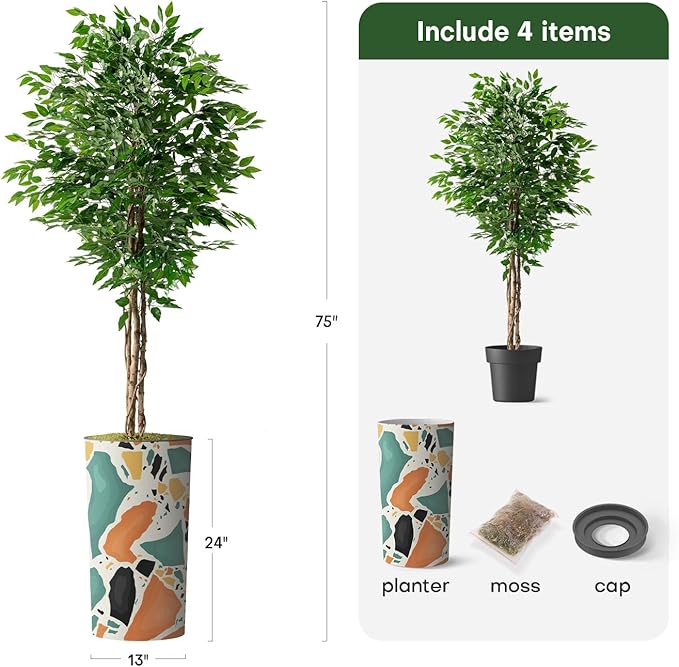 Artificial Tree in Modern Geometric Pattern Planter, Fake Ficus Silk Tree for Indoor and Outdoor Home Decoration - 75" Overall Tall (Plant Pot Plus Tree)