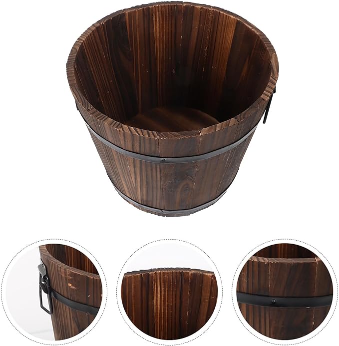 Yardwe Solid Wood Bucket Planter with Drainage Hole Rustic Carbonized Wooden Flower Pot for Indoor and Outdoor Balcony Decor Vintage Succulent Plant Container 11.81 X 9.44 X 9.05 Inch