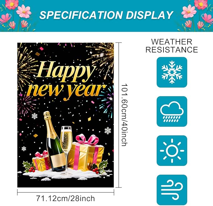 Happy New Year House Flag 28x40 Inch Champagne Bottle Gift Boxes and Fireworks Garden Flag Black Gold Holiday Outdoor Yard Decoration Celebration Banner for Home Porch Lawn