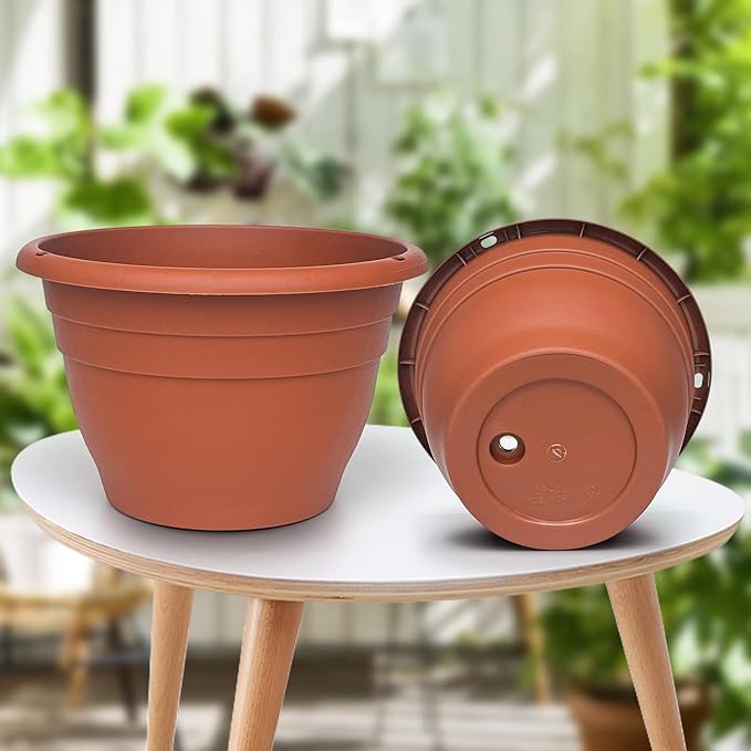 RooTrimmer 5 Pack 10 Inch Plastic Plant Pots Lightweight Planters with Drainage Holes,Durable Indoor & Outdoor Flower Pots for Garden,Patio & Home Decor(Pottery Red)