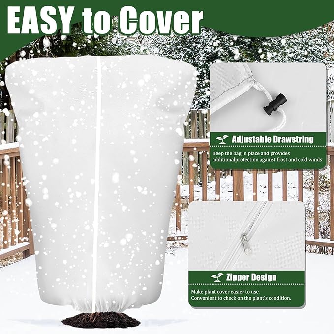 EYNDYN 4 Pcs Plant Covers Frost Protection Bag 71" x 47" Winter Reusable Plants Jacket with Drawstring Shrub Protection Wraps Bags Frost Blanket for Winter Outdoor Garden Plants