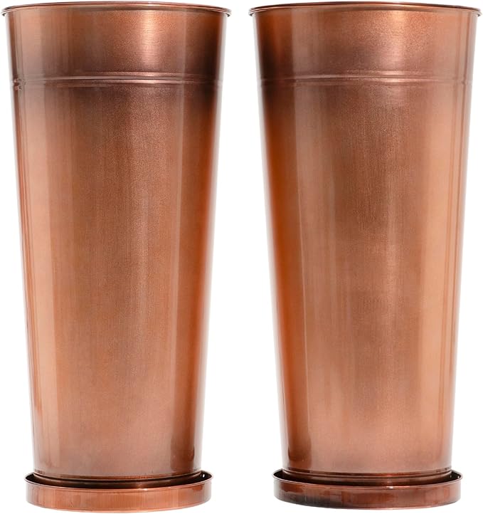 UltiTeque 28in Tall Copper Planters Set of 2,Galvanized Steel Tall Outdoor Planter for Indoor/porches- Copper Color(2planters,2inner pots with Holes,2trays)