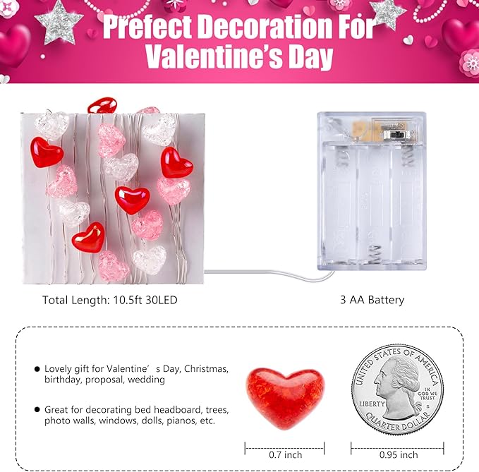 10.5ft Battery Operated Heart Fairy Lights with Remote