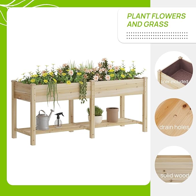 Raised Garden Bed, Planter Box with Storage Shelf, Elevated Wooden Box with Legs, Garden Planter for Backyard, Patio, Balcony, Natural Wood (Natural, L)
