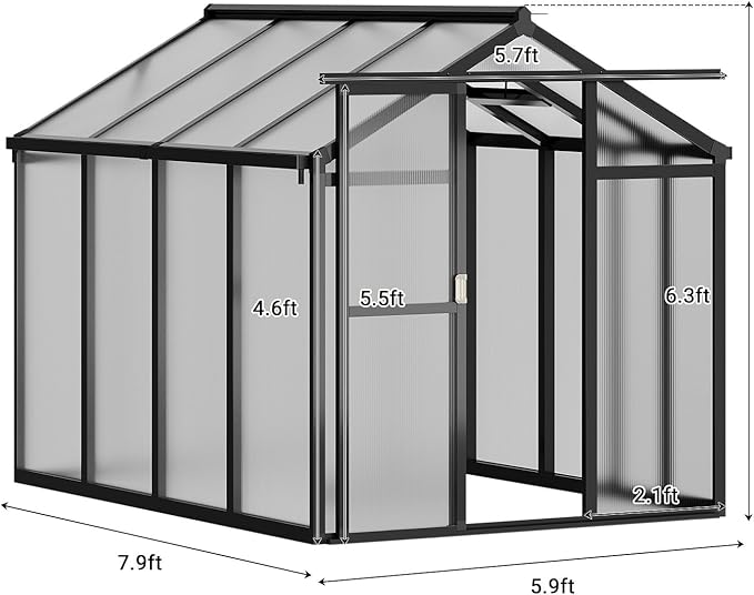 6X8 FT Greenhouse for Outdoors, Walk-in Greenhouse Kit with Aluminum Frame, Polycarbonate Panels, Adjustable Roof Vent, Sliding Door, Secure Lock for Outside Garden, Patio, Backyard