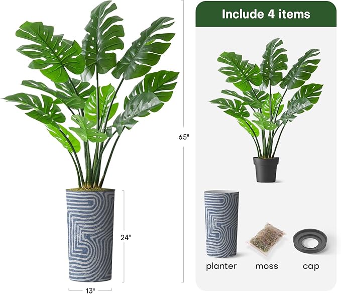 Artificial Tree in Contemporary Geometric Pattern Planter, Fake Monstera Silk Tree for Indoor and Outdoor Home Decoration - 65" Overall Tall (Plant Pot Plus Tree)