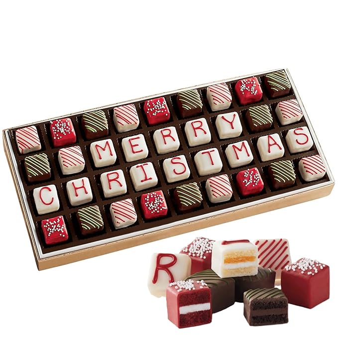 The Swiss Colony Merry Christmas Petits Fours Cakes, Gourmet Mini Layer Cakes in Red Velvet, Strawberry, Chocolate, and Vanilla, Holiday Dessert Cake Assortment