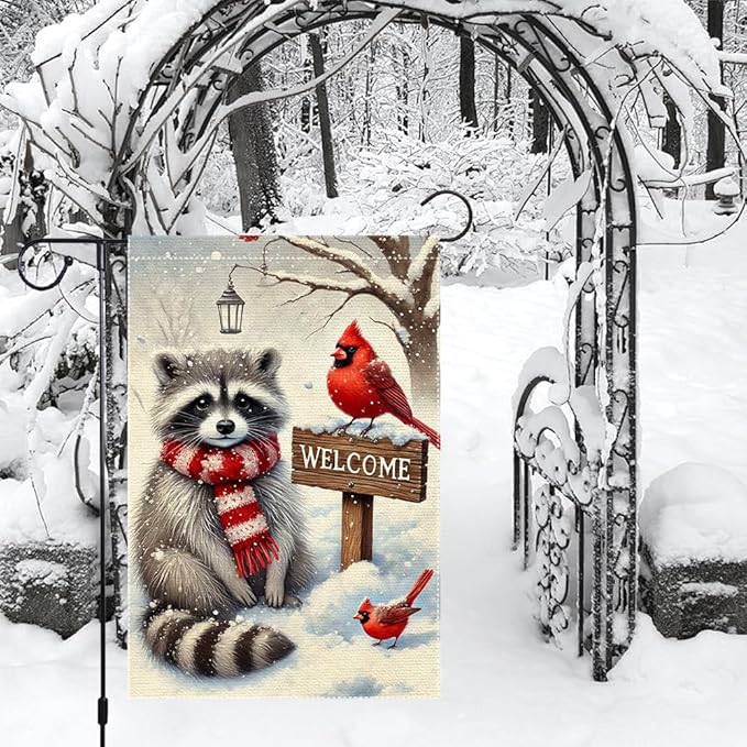 Winter Garden Flag 12x18 Inch Double Sided Burlap Welcome Raccoon Cardinal Snow Outdoor Yard Decoration Small Seasonal Christmas Holiday Farmhouse Porch Flag