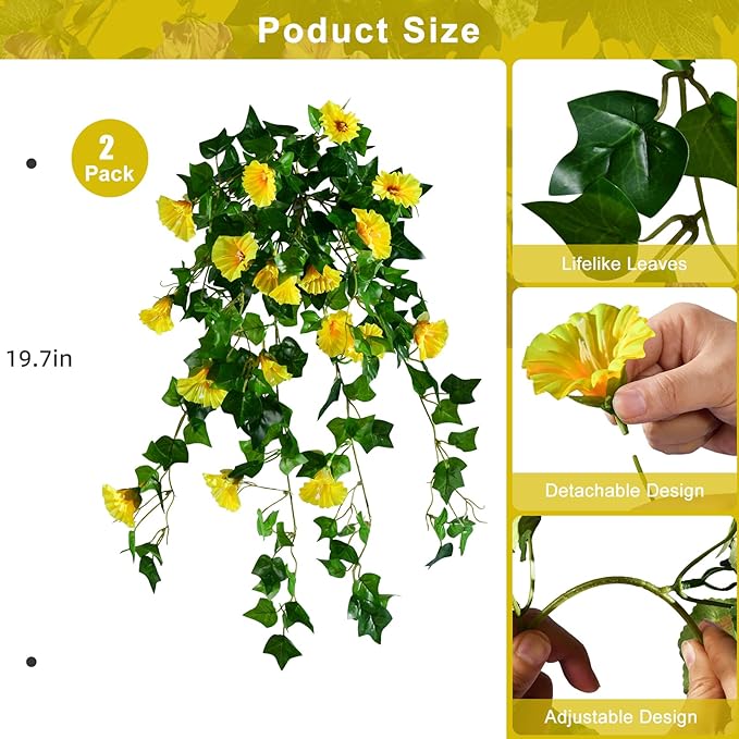 Morning Glory Artificial Hanging Flowers for Outdoors 3 Pcs Fake Petunias Flower Faux Silk Long Trailing Vines Realistic Flower for Front Door Porch Patio Balcony Garden Yard Decor (3 Pcs Yellow)