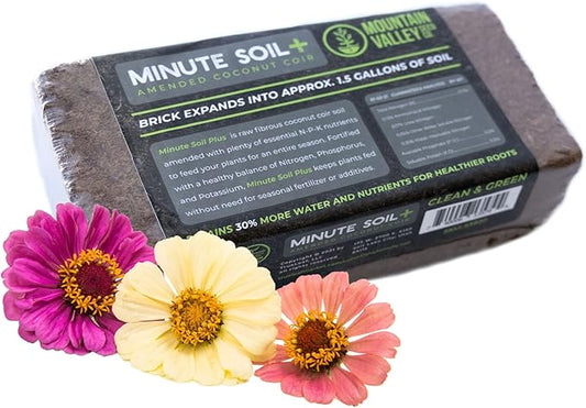 Minute Soil Plus Brick - NPK Amended Compressed Coco Coir Fiber Grow Medium - 1 Brick = 1.5 Gallons of Potting Soil - Gardening, Plants, Flowers, Herbs, Microgreens - Peat Free