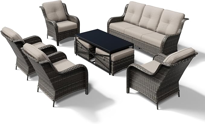 Joyside 8 Piece Wicker Patio Furniture Set, Rattan Patio Chairs with High Back, Deep Seating, Wide Armrest, Thickened Cushions, Outdoor Furniture for Deck, Porch Use