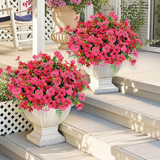Pinenoya Artificial Faux Plants Flowers Outdoor Decoration,16 Bundles Fake Silk Colorful Daisy Eucalyptus Realistic UV Resistant for Outside Home Planter Porch Patio Yard Decor (Red)