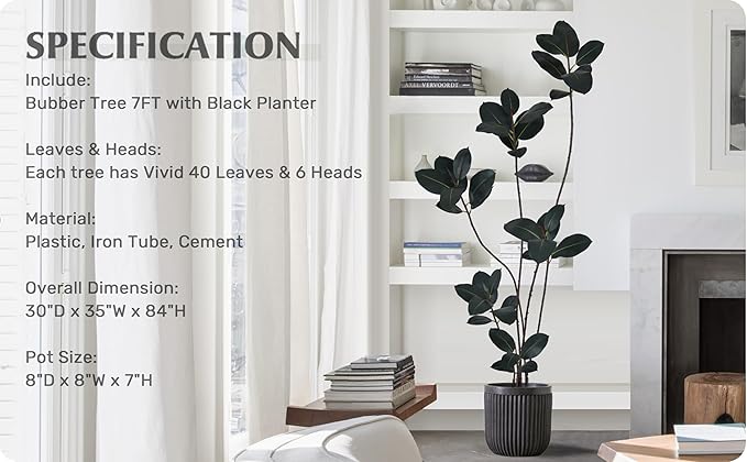 Artificial Rubber Tree 7FT with 40 Glossy Leaves & 6 Heads & Black Pot Cover with Coconut Fiber Realistic Tall Large Faux Tropical Ficus Elastica Plant 84 Inch for Indoor Home Modern Decor