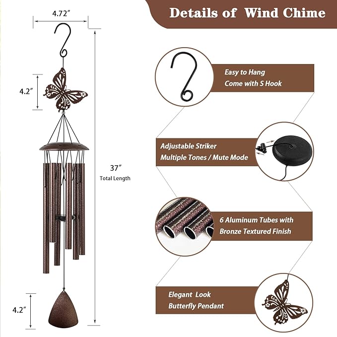 Doopeer Wind Chimes Outdoor, 37" Butterfly Wind Chimes for Outside Garden Patio Yard Decor, Deep Tone Windchimes for Mom Women Grandma Wife, Gifts for Christmas, Mother's Day, Birthday