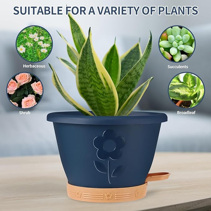 gegemaoyi Plastic Plant Pots 10 Inch Set of 4, Self Watering Pots with Drainage Holes, Saucer & Reservoir, Flower Pots for Indoor/Outdoor Plants, Decorative Nursery Planting Pots (Blue)