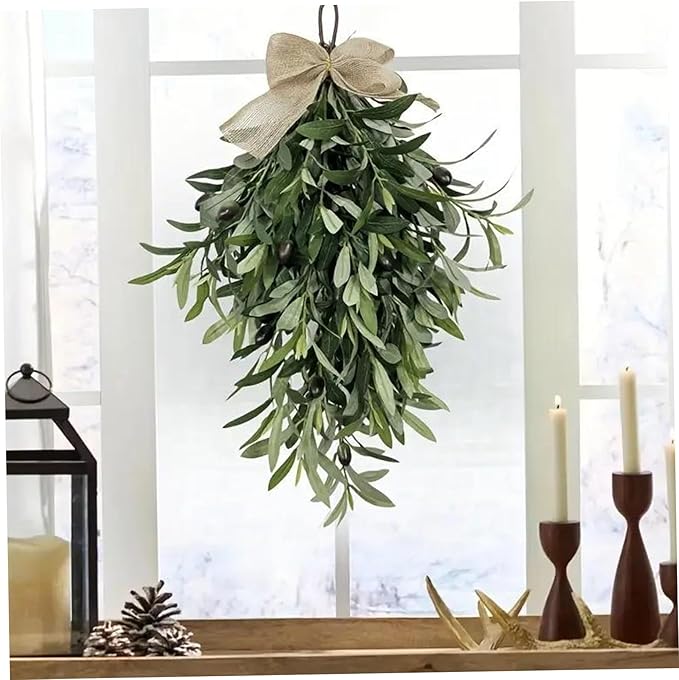 Artificial Olive Wreath with Burlap Bow, 24 Inch Teardrop Swag for Front Door Wall and Wedding Decor