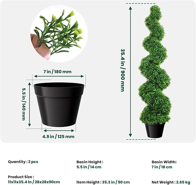 3ft Spiral Boxwood Topiary Trees Artificial Outdoor Set of 2, 36 Inch Faux Greenery for Front Porch, Garden Entryway, Artificial Plants Outdoor for Home Decor