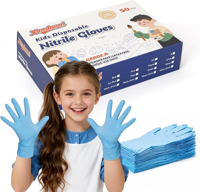 Kids Disposable Gloves for 3-8 Years, 5Mil Blue Nitrile Gloves with Latex-Free and Powder-Free, Durable and Protective for Work, Cleaning, Cooking, Gardening (XS,50PCS)