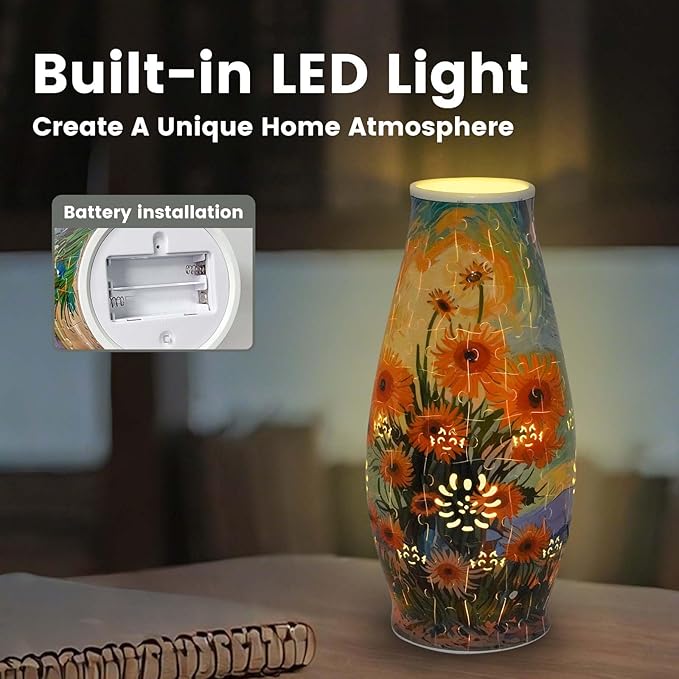 MYLARREN 3D Puzzle Vase for Adults & Kids, 152 Pcs 3D Puzzle Planter Vases for Flowers, Arts and Crafts for Kids 4-6, Adults, Girls, Cute Unique Flower Vases with Night Light(Sunflower)