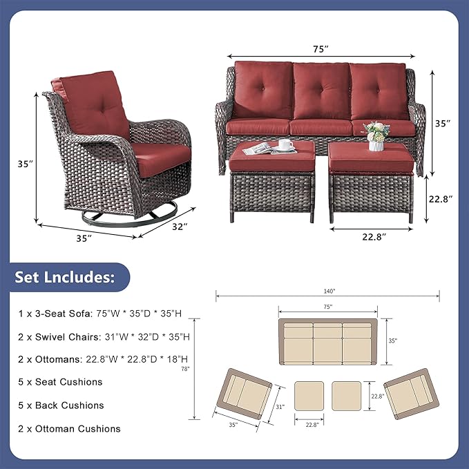 Rilyson Wicker Patio Furniture Set - 5 Piece Rattan Outdoor Sectional Conversation Sets with 2 Rocking Swivel Chairs,2 Ottomans and 1 Sofa for Porch Deck Garden(Mixed Grey/Red)