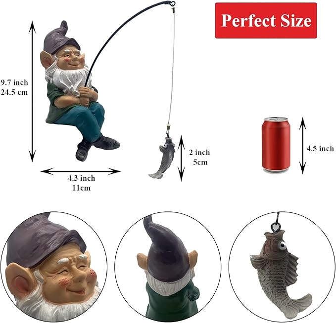 Garden Gnome Pond Decortations Outdoor Statue for Patio, Pond and Waterfall, Gnome Statue Koi Pond Decor, 9.7 Inch Fishing Gnome Figurine & Sculpture Poolside Statue with Luminous Stone