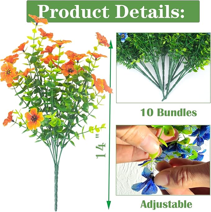 Grunyia 10 Bundles Artificial Flowers Outdoor UV Resistant Fake Flowers No Fade Faux Plants Garden Porch Window Box Decorating (Orange)