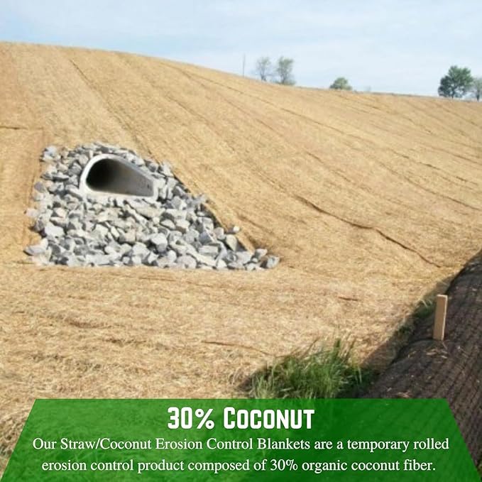 Farm Plastic Supply 100% Biodegradable Erosion Control Blanket - Straw/Coconut Straw Garden and Landscape Cover, Straw Blanket, Erosion Control (7' x 112.5')
