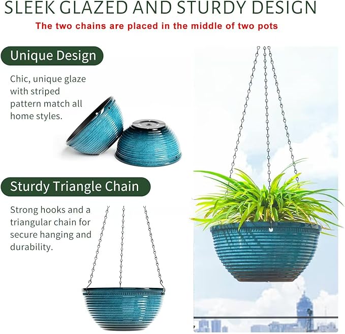 LESOASIS 10in Hanging Planters for Indoor and Outdoor Plants, 2 Pack Hanging Planter with Drainage Hole, Round Hanging Flower Pots for Garden Home Decor (Blue)