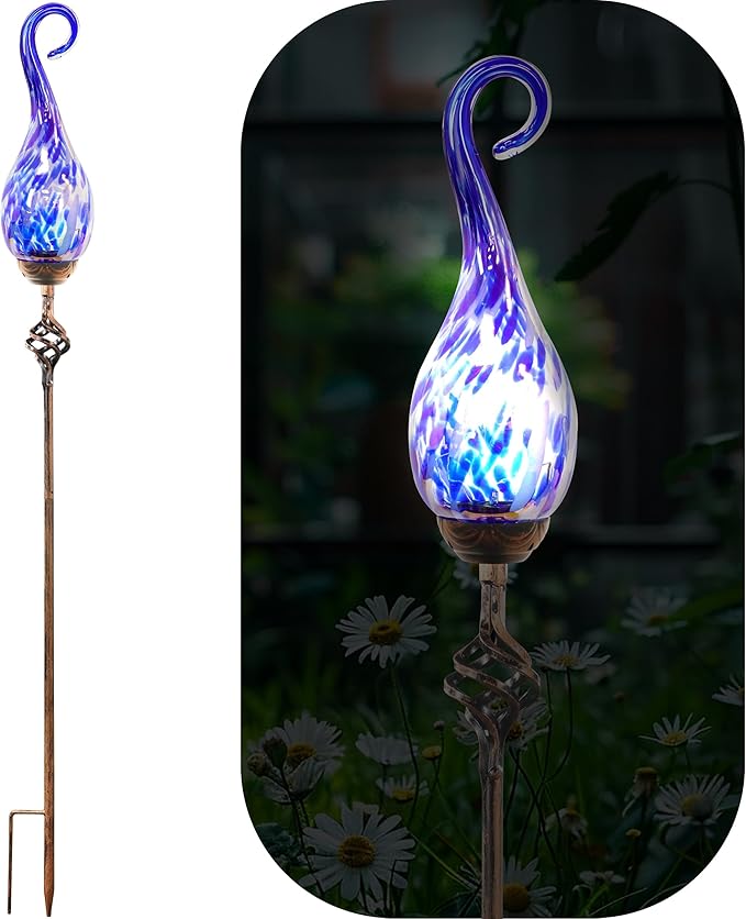 Naboher Garden Solar Lights Outdoor, Decorative LED Pearlized Glass Spiral Garden Stake with Finial, Hand Blown Glass and Metal Outdoor Decoration, 3 x 36 Inch (Dark Blue)