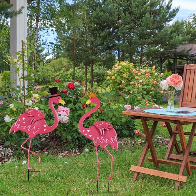 hogardeck Valentines Day Decorations Outdoor, 2 Pcs 31" Metal Flamingos Decorative Garden Stakes for Valentines Day Decor, Yard Sign for Home Outside Lawn Porch Anniversary Wedding Party