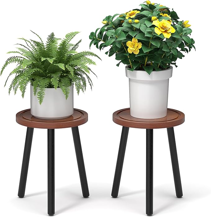 Vecxoty 2-Pack Wood Plant Stands Indoor, 16.7" Tall Plant Stand Outdoor Mid-Century Plant Stool, Single Plant Table Modern Small Round Side/End Table for Living Room, Balcony, Office(Brown)