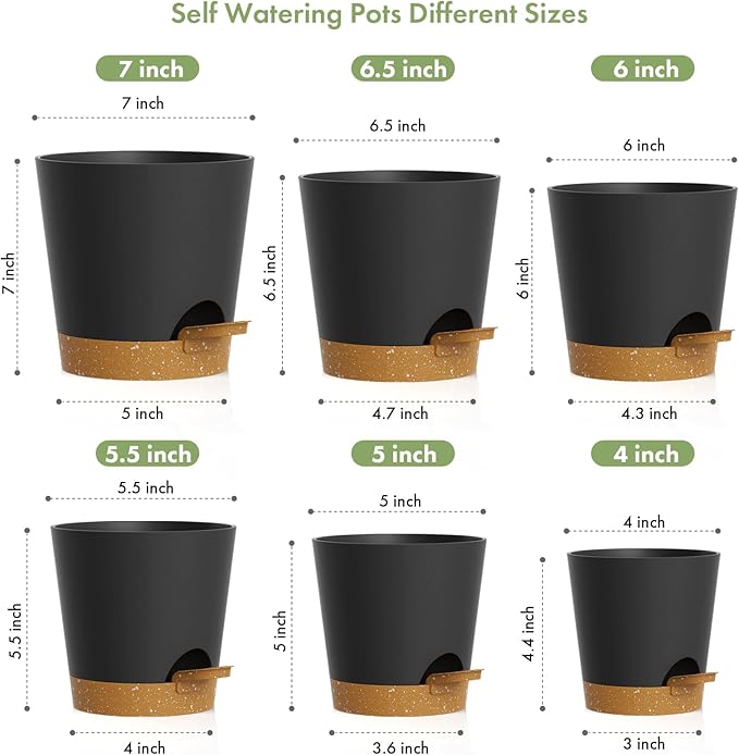 WSMKSZ 7/6.5/6/5.5/5/4 inch Self Watering Pots for Indoor Outdoor Plants, 6 Pack Plastic Flower Planters with Drainage Holes and Removable Saucers, Plant Pots with Wicking Rope, Black Brown