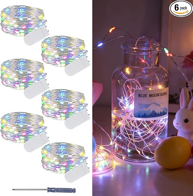 6 Pack Easter Fairy Lights Battery Operated - 7ft 20 LED Copper Wire Mini colorful String Light Firefly for Mason Jars DIY Crafts Christmas Wedding Party Centerpiece Table Easter Decor,Multicolor