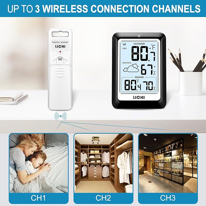 Indoor Outdoor Thermometer Wireless Weather Station, Internal External Thermometer Hygrometer, Home Batteryoperated Temperature Humiditymonitors330 Feet (About 100 Meters) Backlight Display