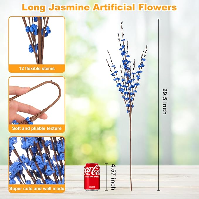 10 Pcs 29.5" Long Jasmine Artificial Blue Flowers Fake Jasmine Flowers Bouquet Stem for DIY Floral Art Plant Home Office Table Centerpieces Party Decorations