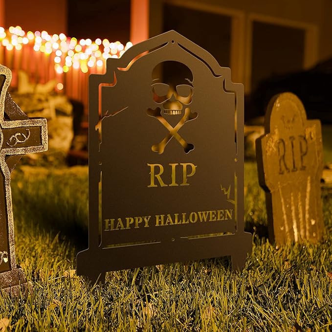 RealSteel Halloween Tombstone Monogram Decoration - Graveyard Skull Décor - Fall Yard Metal Stakes Display - Skeleton Front Garden Sign - Scary Customized Monogram - Spooky Horror Art